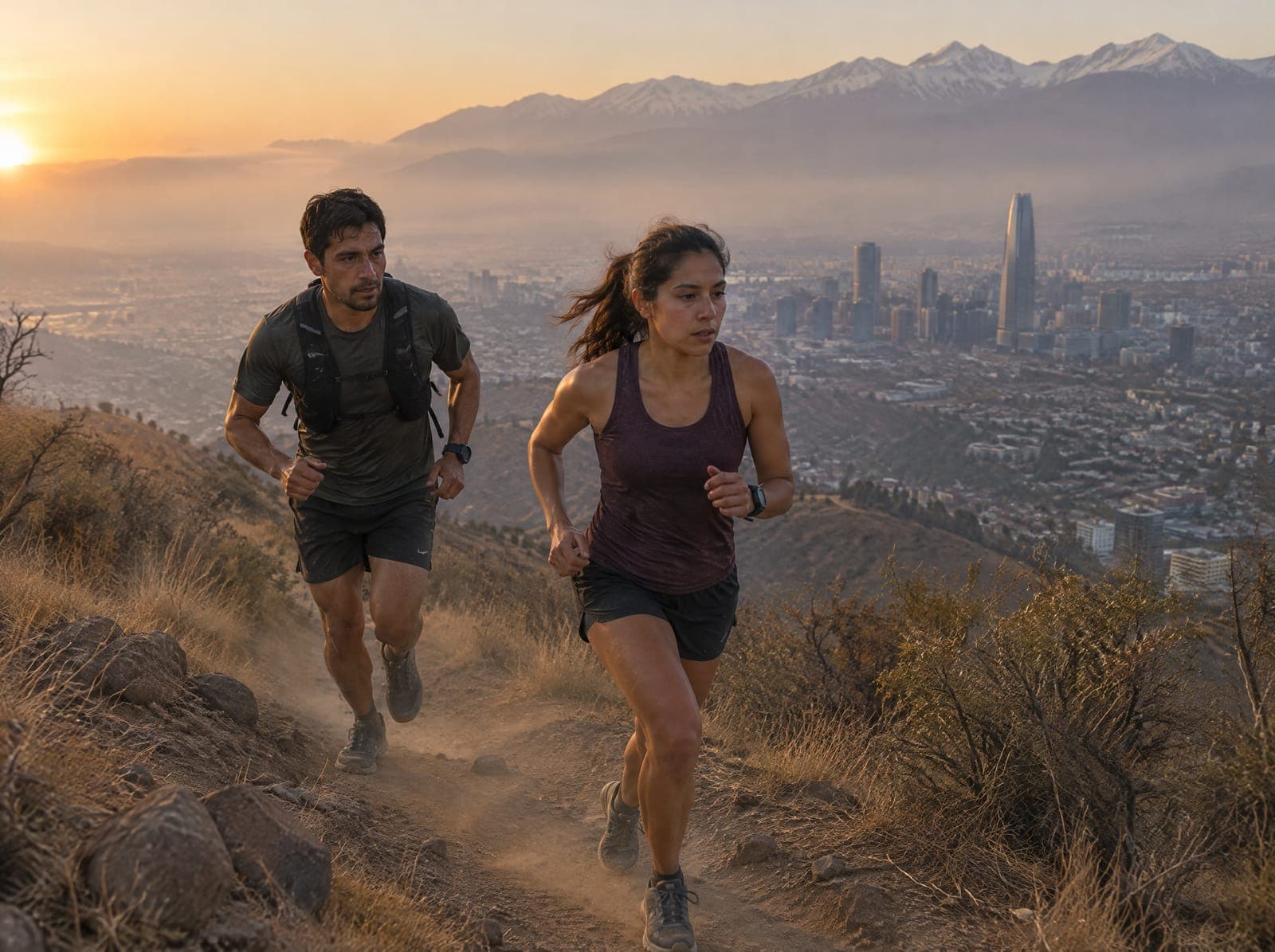 Entrenador y alumna corriendo en un cerro de Santiago